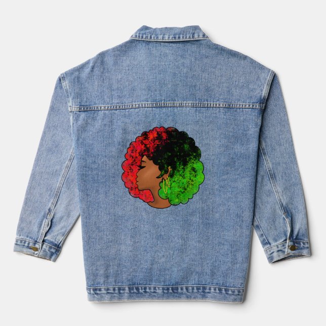 Pan African black girl woman red green pride afro Denim Jacket (Back)