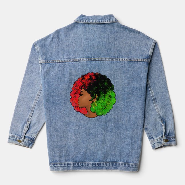Pan African black girl woman red green pride afro Denim Jacket (Back)