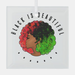 Pan African black girl woman red green pride afro  Glass Tree Decoration