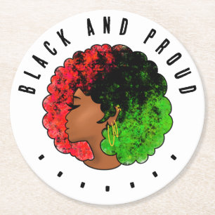 Pan African black girl woman red green pride afro Round Paper Coaster