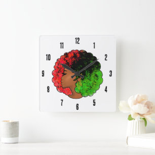 Pan African black girl woman red green pride afro  Square Wall Clock