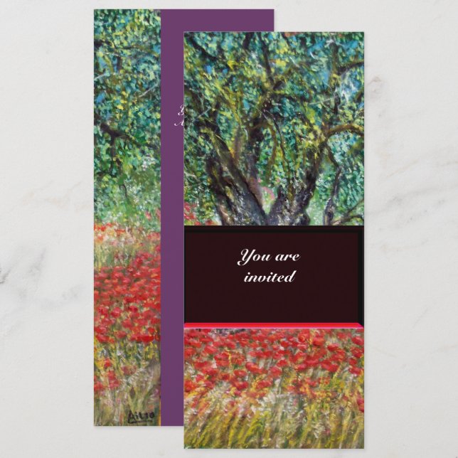 PAN, OLIVE TREE AND POPPY FIELDS,purple Invitation (Front/Back)