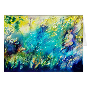 PAN PLAYING FLUTE AND DEER IN GREEN WOODLAND