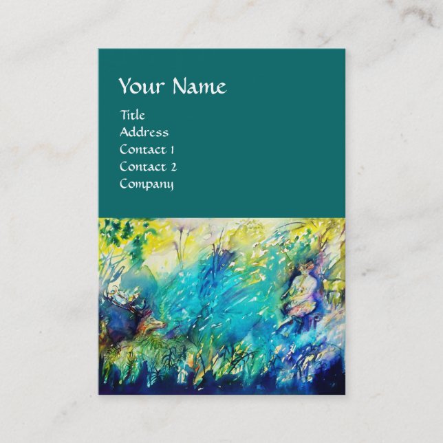 PAN PLAYING FLUTE AND DEER IN GREEN WOODLAND BUSINESS CARD (Front)