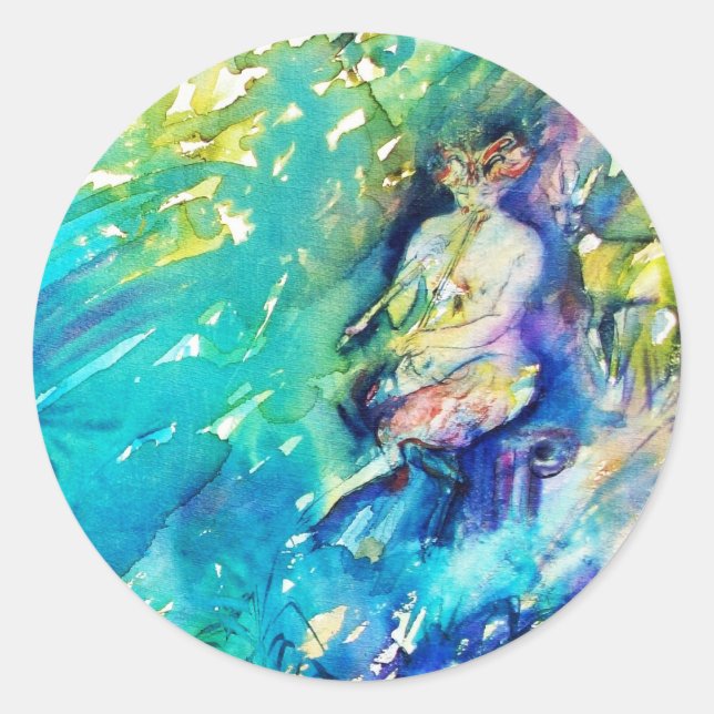 PAN PLAYING FLUTE AND DEER IN GREEN WOODLAND CLASSIC ROUND STICKER (Front)