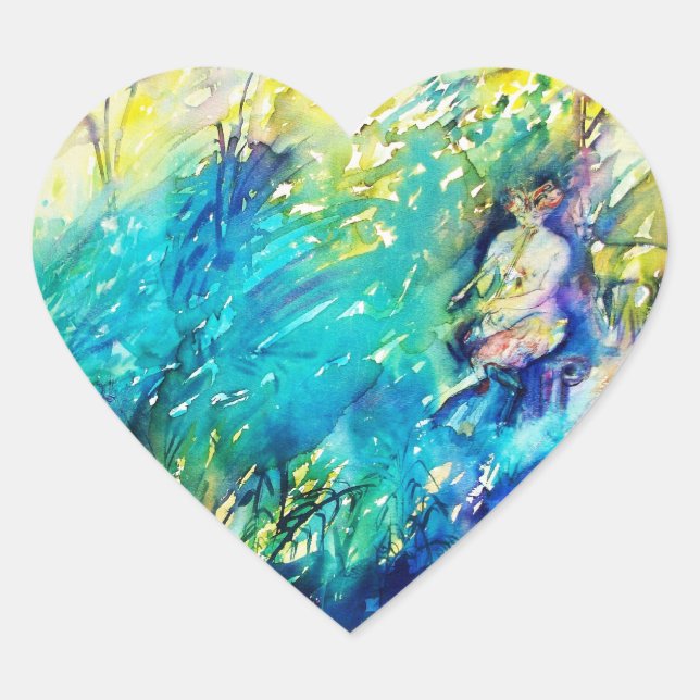 PAN PLAYING FLUTE AND DEER IN GREEN WOODLAND HEART STICKER (Front)