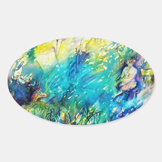 PAN PLAYING FLUTE AND DEER IN GREEN WOODLAND OVAL STICKER (Front)