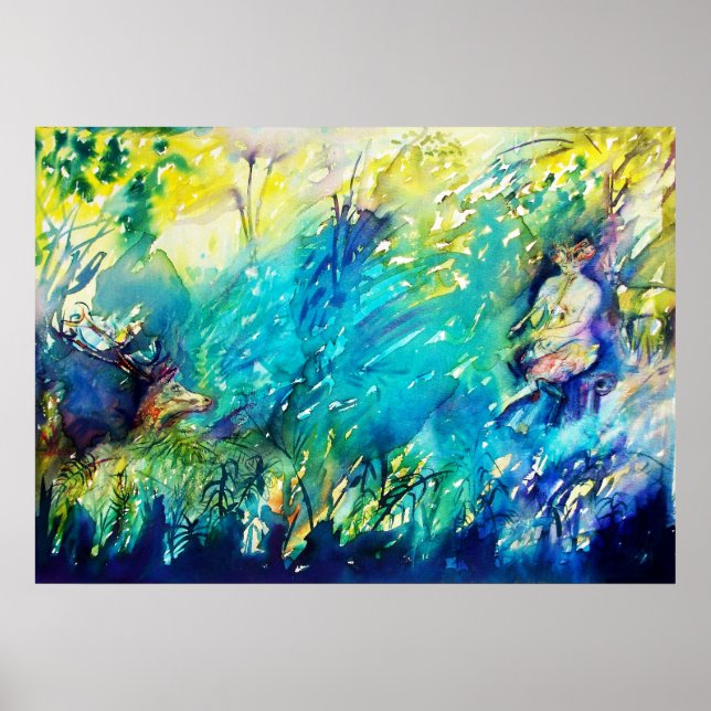 PAN PLAYING FLUTE AND DEER IN GREEN WOODLAND POSTER (Front)