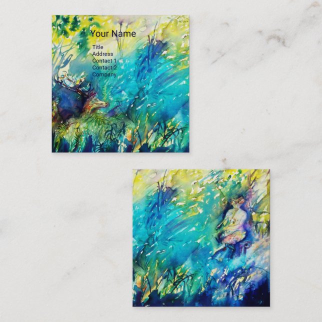 PAN PLAYING FLUTE AND DEER IN GREEN WOODLAND SQUARE BUSINESS CARD (Front/Back)