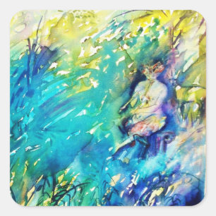 PAN PLAYING FLUTE AND DEER IN GREEN WOODLAND SQUARE STICKER