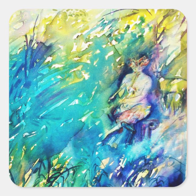 PAN PLAYING FLUTE AND DEER IN GREEN WOODLAND SQUARE STICKER (Front)