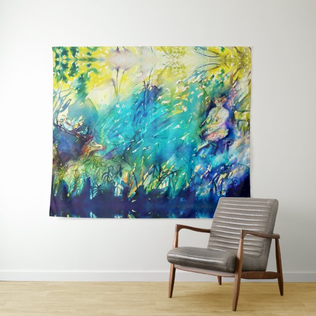 PAN PLAYING FLUTE AND DEER IN GREEN WOODLAND TAPESTRY (In Situ (Horizontal))