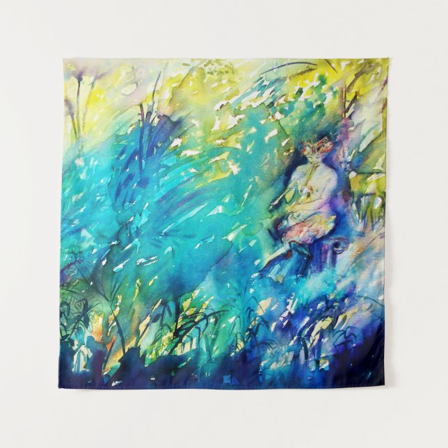 PAN PLAYING FLUTE AND DEER IN GREEN WOODLAND TAPESTRY (Front (Horizontal))