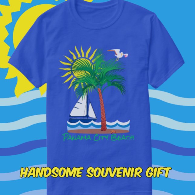 Panama City Beach Florida Palm Sailboat and Sun T-Shirt (Pick your shirt and text colors.)