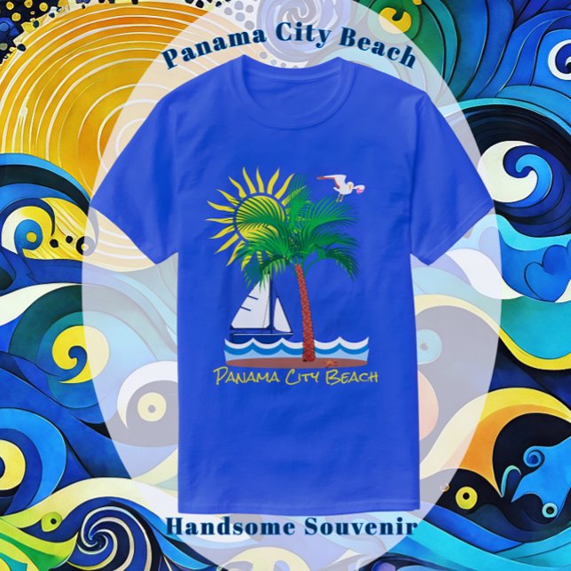Panama City Beach Florida Palm Sailboat and Sun T- T-Shirt (Panama City Beach Vacation Shirt)
