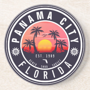 Panama City Beach Florida Retro Sunset Palm Tree Coaster