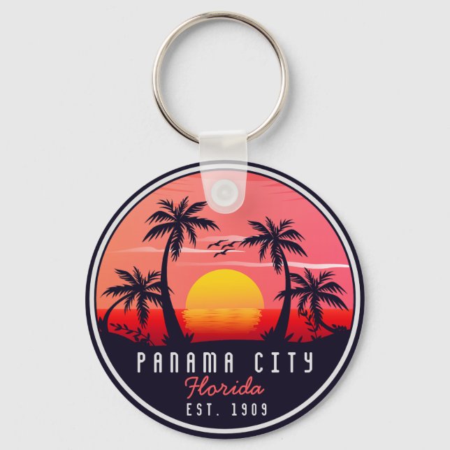 Panama City Beach Florida Retro Sunset Palm Tree Key Ring (Front)