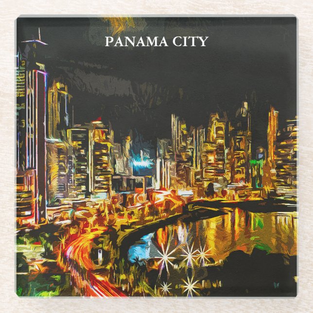 Panama City By Night Watercolor Skyline Painting Glass Coaster (Front)