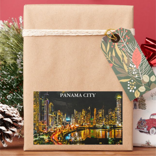 Panama City By Night Watercolor Skyline Painting Rectangular Sticker (Holiday)