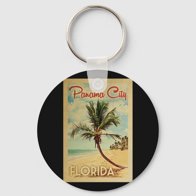 Panama City Palm Tree Vintage Travel Key Ring (Front)