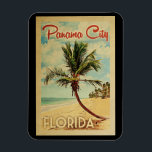 Panama City Palm Tree Vintage Travel Magnet<br><div class="desc">A uniquely retro mid-century modern Panama City Florida art print in vintage travel poster style. It features a curved palm tree on sandy beach with ocean under a blue cloudy sky.</div>