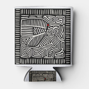 Panama Kuna Indian Mola Pajaro - Black White Can Cooler