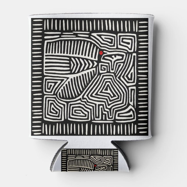 Panama Kuna Indian Mola Pajaro - Black White Can Cooler (Front)