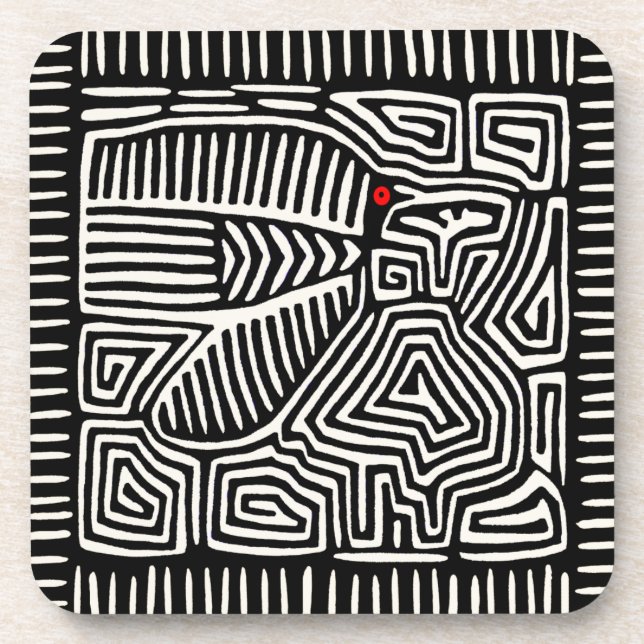 Panama Kuna Indian Mola Pajaro - Black White Coaster (Front)