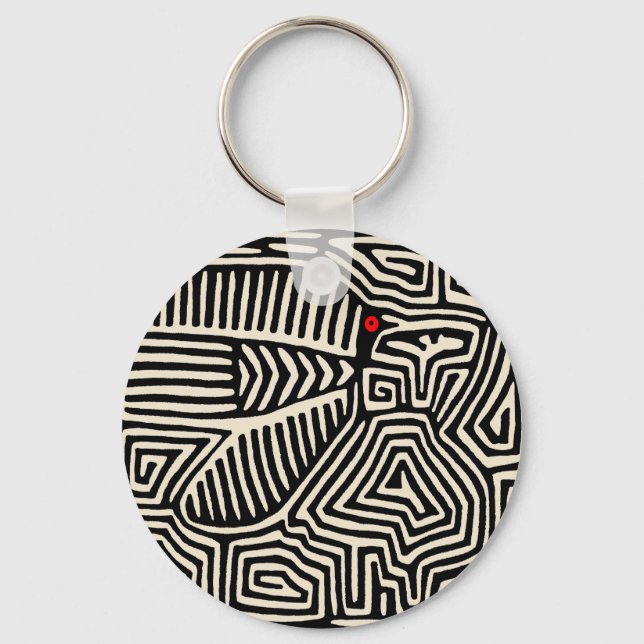 Panama Kuna Indian Mola Pajaro - Black White Key Ring (Front)