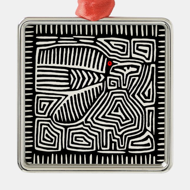 Panama Kuna Indian Mola Pajaro - Black White Metal Tree Decoration (Front)