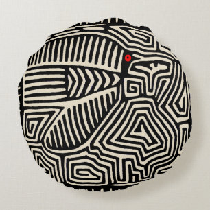 Panama Kuna Indian Mola Pajaro - Black White Round Cushion