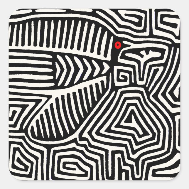 Panama Kuna Indian Mola Pajaro - Black White Square Sticker (Front)