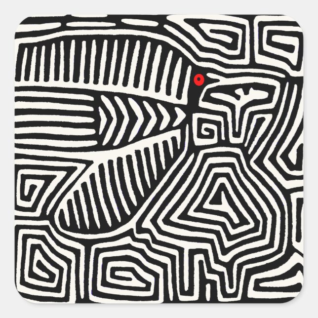 Panama Kuna Indian Mola Pajaro - Black White Square Sticker (Front)