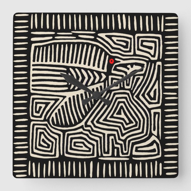 Panama Kuna Indian Mola Pajaro - Black White Square Wall Clock (Front)