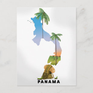 Panama map Illustrated travel poster print. Postcard