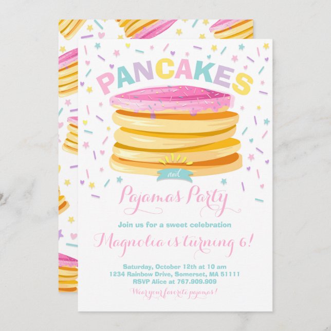 Pancake And Pajamas Birthday Invitation PJ's Party (Front/Back)