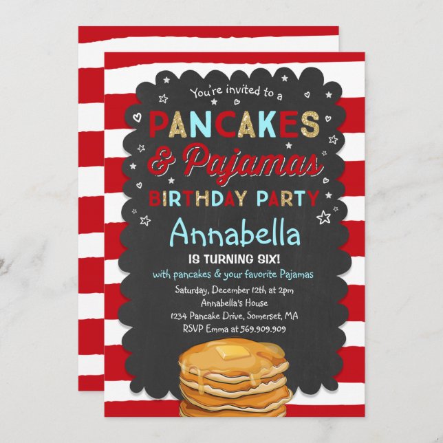 Pancake And Pajamas Birthday Invitation PJ's Party (Front/Back)