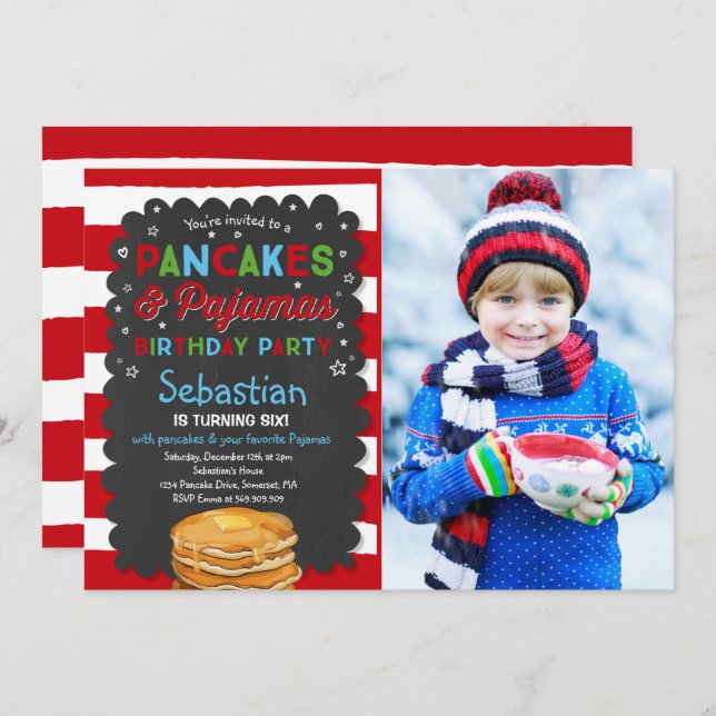 Pancake And Pajamas Birthday Invitation PJ's Party (Front/Back)