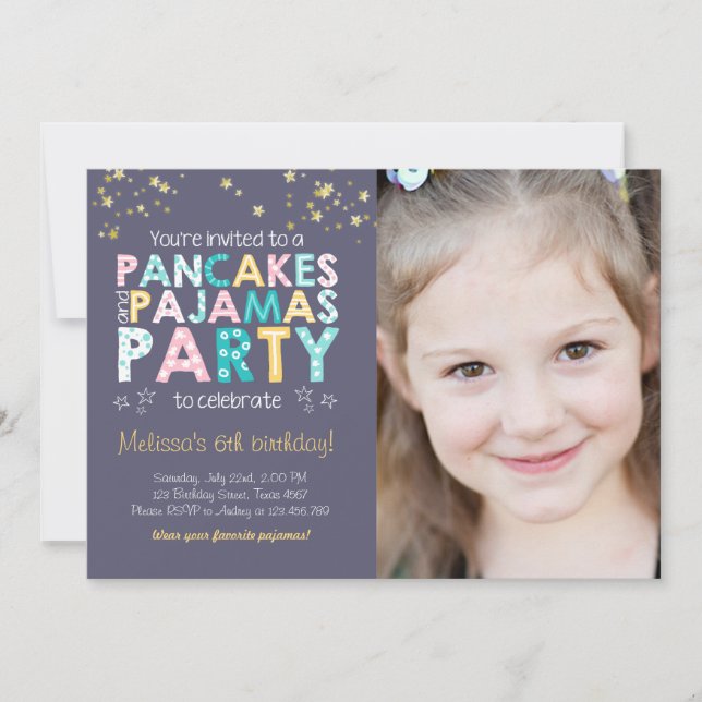 Pancake and Pyjamas birthday invitation Girl Pink (Front)