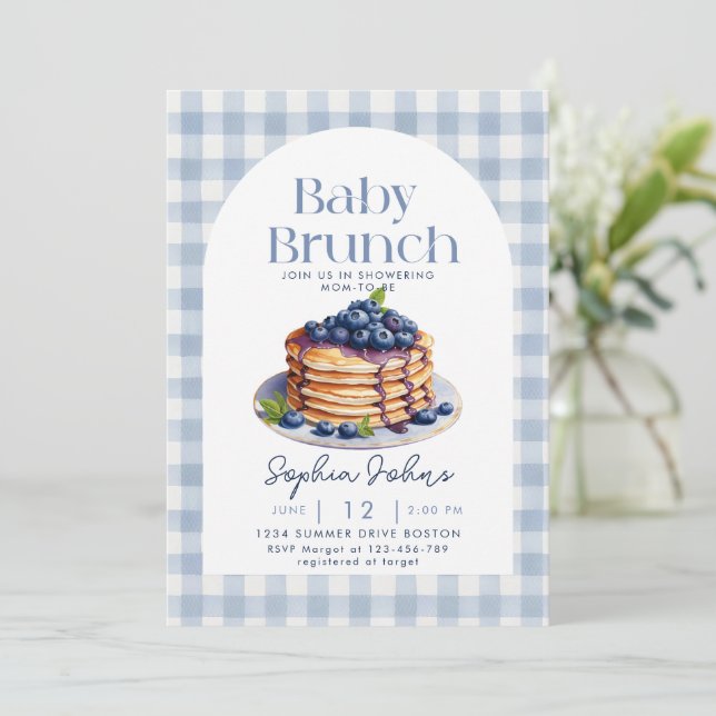 Pancake Blueberry Gingham Baby Brunch Baby Shower Invitation (Standing Front)
