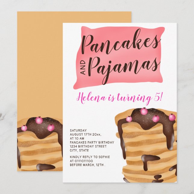 Pancake pajama 5th birthday illustration invitation (Front/Back)