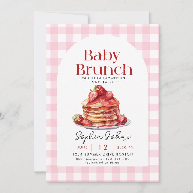 Pancake Strawberry Gingham Baby Brunch Baby Shower Invitation (Front)