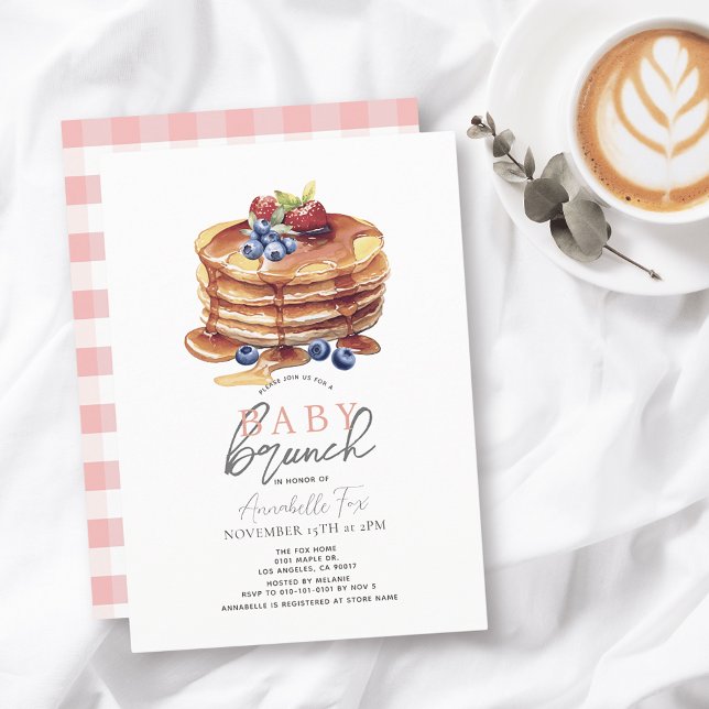 Pancake Watercolor Pink Gingham Girl Baby Brunch Invitation (Creator Uploaded)