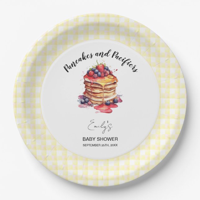 Pancakes and Pacifiers Gingham Plaid Baby Shower Paper Plate (Front)