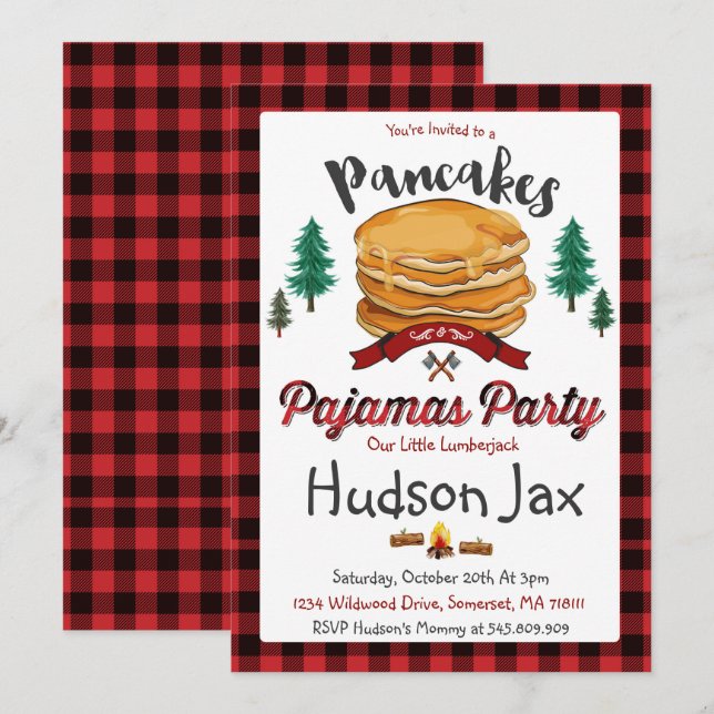 Pancakes And Pajamas Birthday Invitation Plaid (Front/Back)