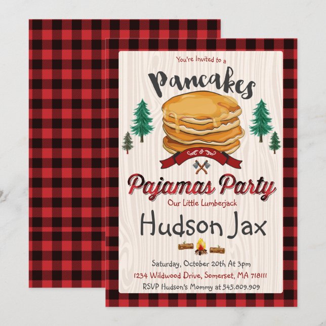 Pancakes And Pajamas Birthday Invitation Plaid (Front/Back)