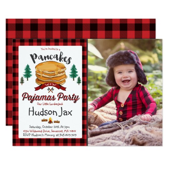 Pancakes And Pajamas Birthday Invitation Plaid