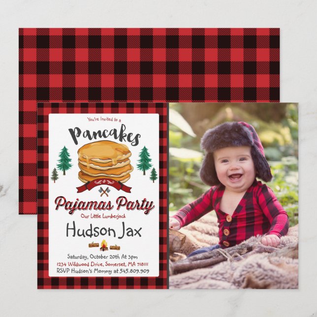 Pancakes And Pajamas Birthday Invitation Plaid (Front/Back)