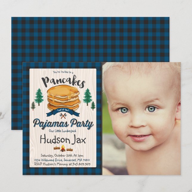 Pancakes And Pajamas Birthday Invitation Plaid (Front/Back)