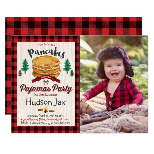 Pancakes And Pajamas Birthday Invitation Plaid